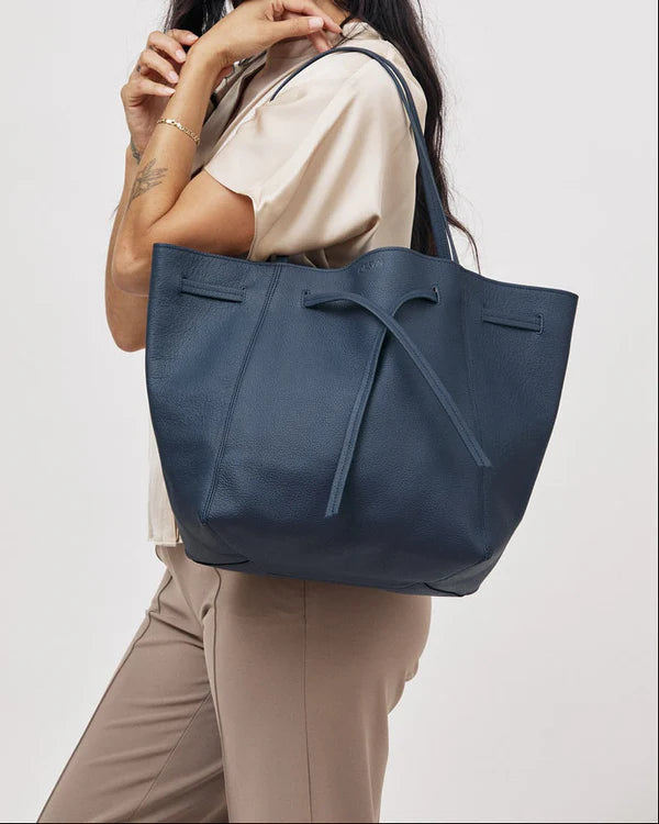 Deep Navy Velvet Style Drawstring Leather Tote Bag