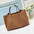 Knitted Rattan Tote Bag, Detachable Smooth Leather Crossbody Strap Antique Brass Metal Studs Large Open Shopper Purse