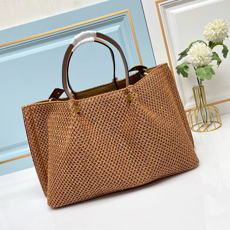 Knitted Rattan Tote Bag, Detachable Smooth Leather Crossbody Strap Antique Brass Metal Studs Large Open Shopper Purse