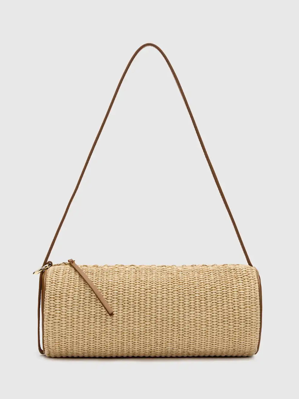 Natural Beige Cylindrical Rattan Shoulder Bag, Warm Tan Leather Trim Single Slim Top Strap Full Side Zip Mini Woven Barrel Purse