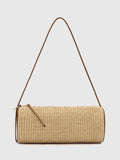 Natural Beige Cylindrical Rattan Shoulder Bag, Warm Tan Leather Trim Single Slim Top Strap Full Side Zip Mini Woven Barrel Purse
