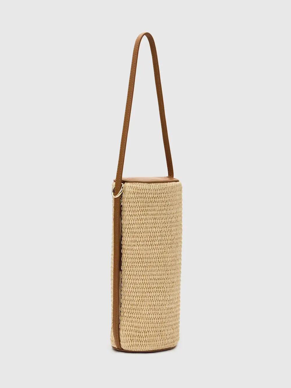 Natural Beige Cylindrical Rattan Shoulder Bag, Warm Tan Leather Trim Single Slim Top Strap Full Side Zip Mini Woven Barrel Purse