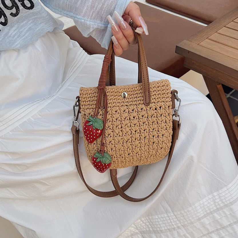 Multi-Color Straw Knit Mini Rattan Tote Bag