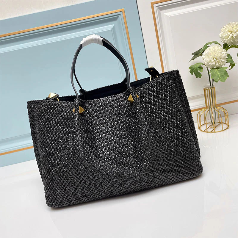 Knitted Rattan Tote Bag, Detachable Smooth Leather Crossbody Strap Antique Brass Metal Studs Large Open Shopper Purse