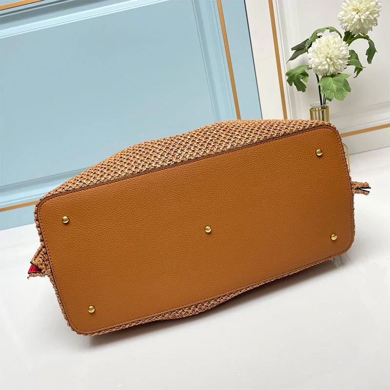 Knitted Rattan Tote Bag, Detachable Smooth Leather Crossbody Strap Antique Brass Metal Studs Large Open Shopper Purse