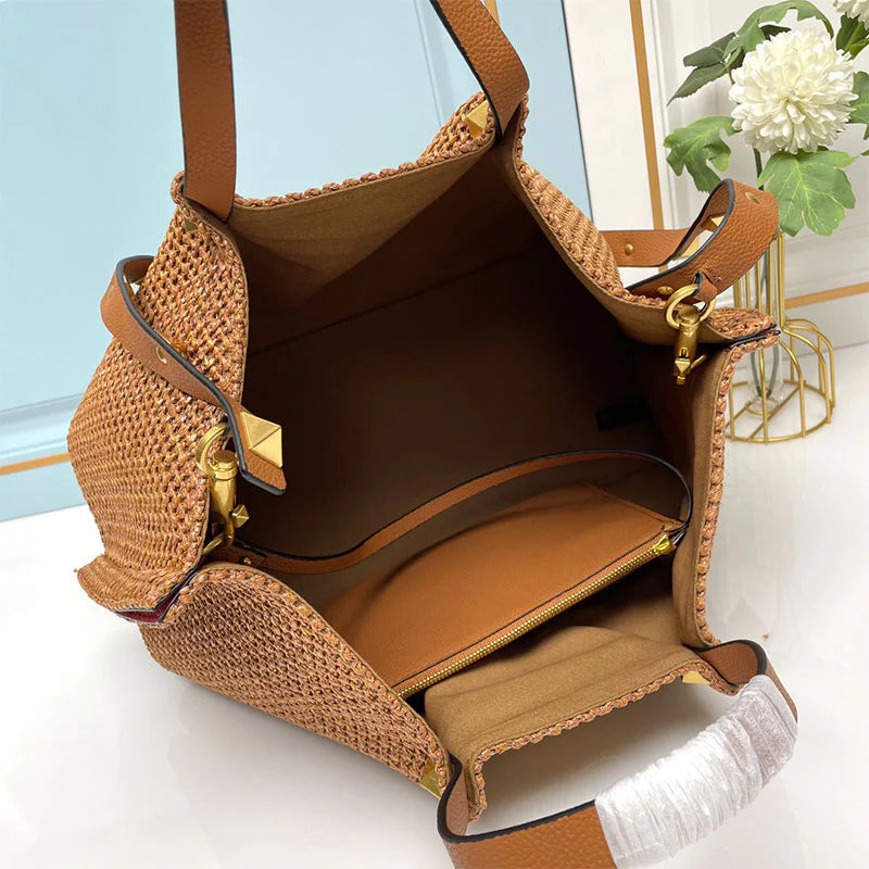 Knitted Rattan Tote Bag, Detachable Smooth Leather Crossbody Strap Antique Brass Metal Studs Large Open Shopper Purse