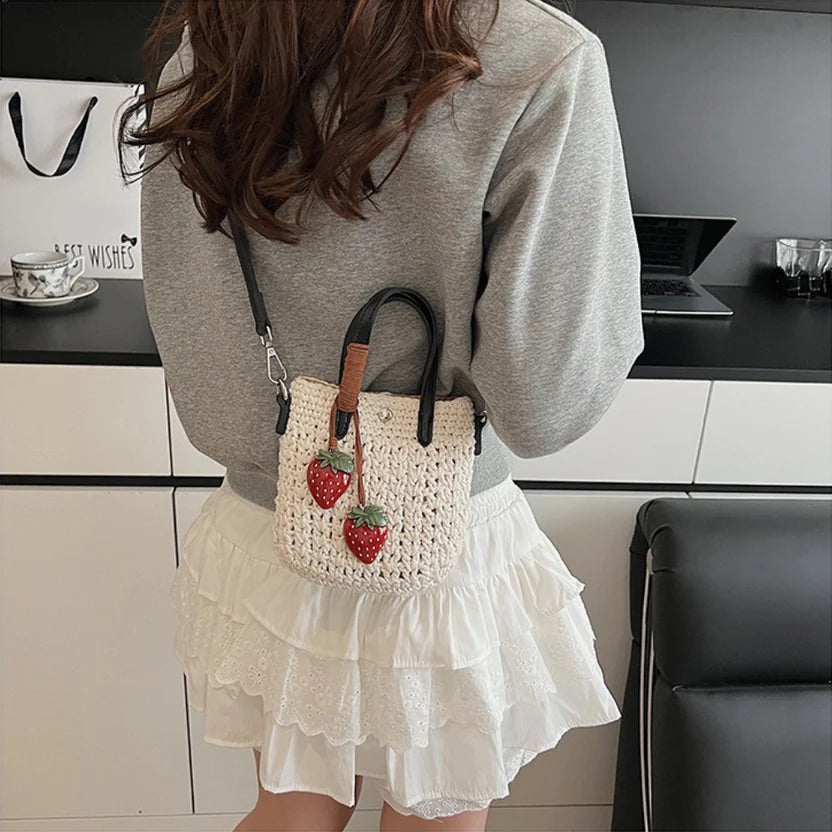 Multi-Color Straw Knit Mini Rattan Tote Bag