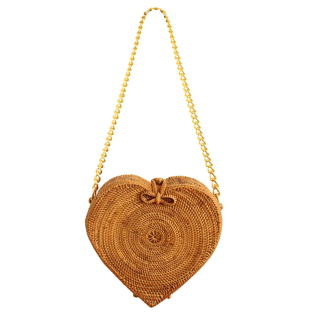 Warm Natural Brown Heart Shaped Rattan Crossbody Bag