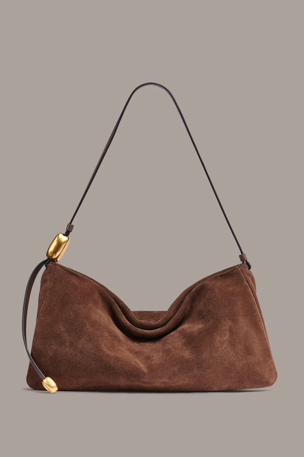 Warm Coffee Velvet Suede Shoulder Bag,Adjustable Thin Leather Single Strap Sculpted Gold Metal Hardware Soft Hobo Purse