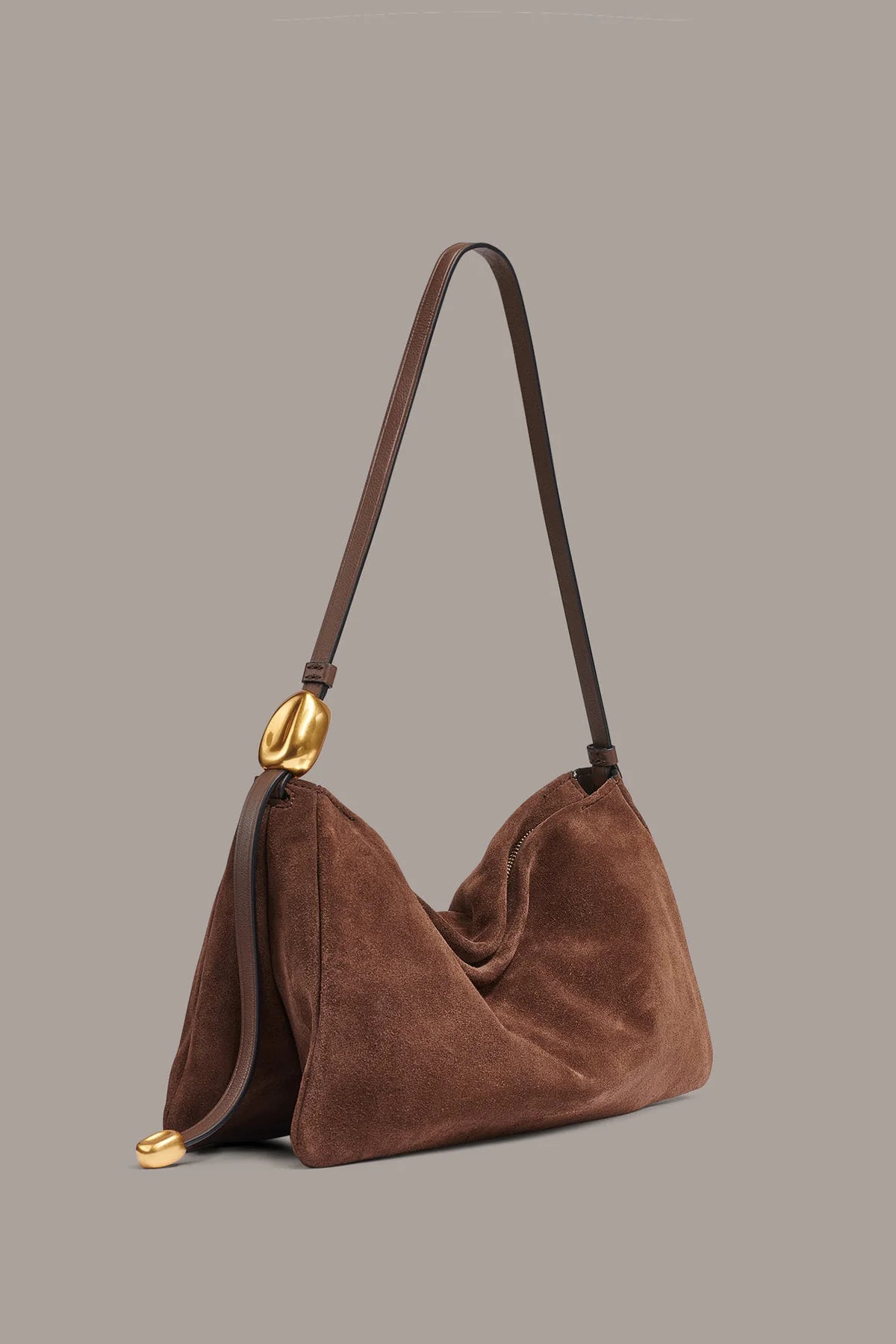 Warm Coffee Velvet Suede Shoulder Bag,Adjustable Thin Leather Single Strap Sculpted Gold Metal Hardware Soft Hobo Purse