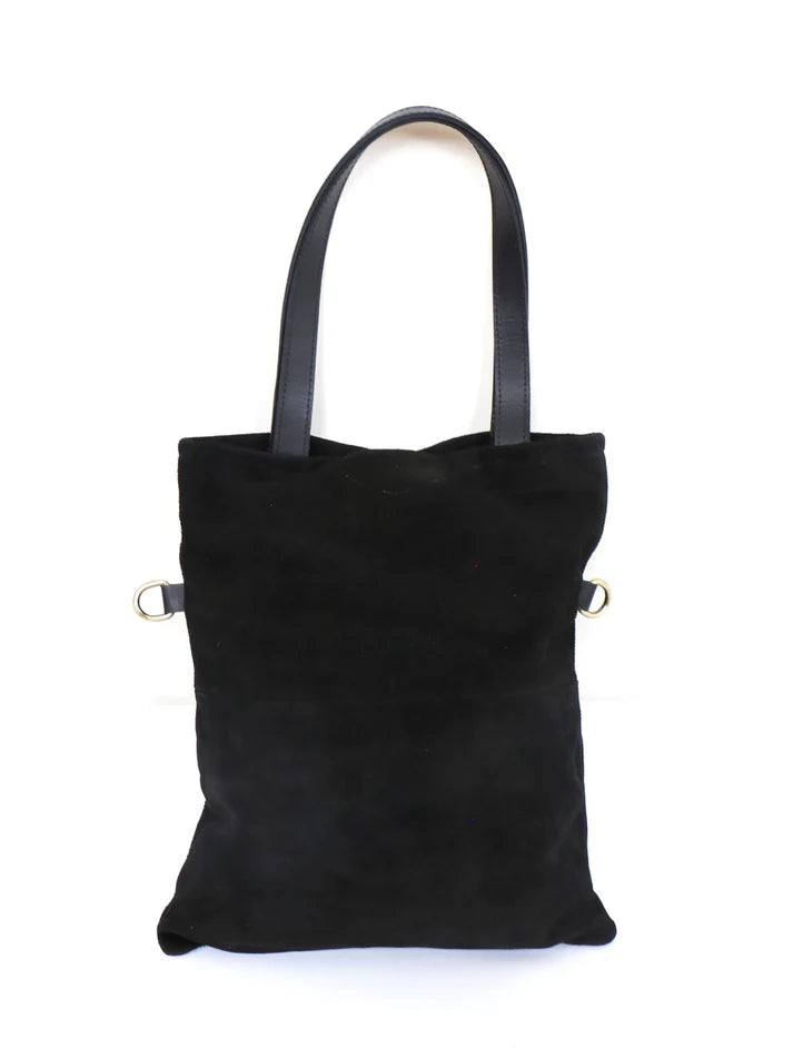 Solid Black Foldable Velvet Tote Bag, Dual Matching Leather Carry Straps Magnetic Flap Crossbody Purse