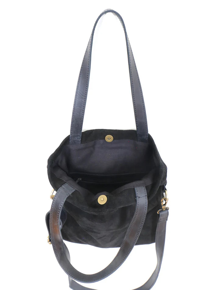 Solid Black Foldable Velvet Tote Bag, Dual Matching Leather Carry Straps Magnetic Flap Crossbody Purse