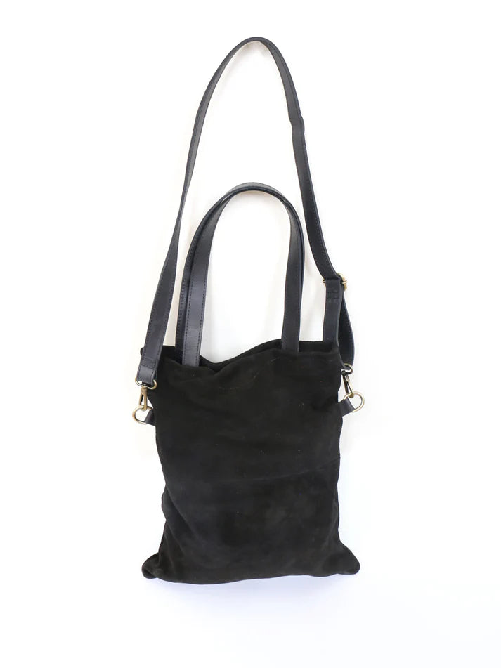Solid Black Foldable Velvet Tote Bag, Dual Matching Leather Carry Straps Magnetic Flap Crossbody Purse