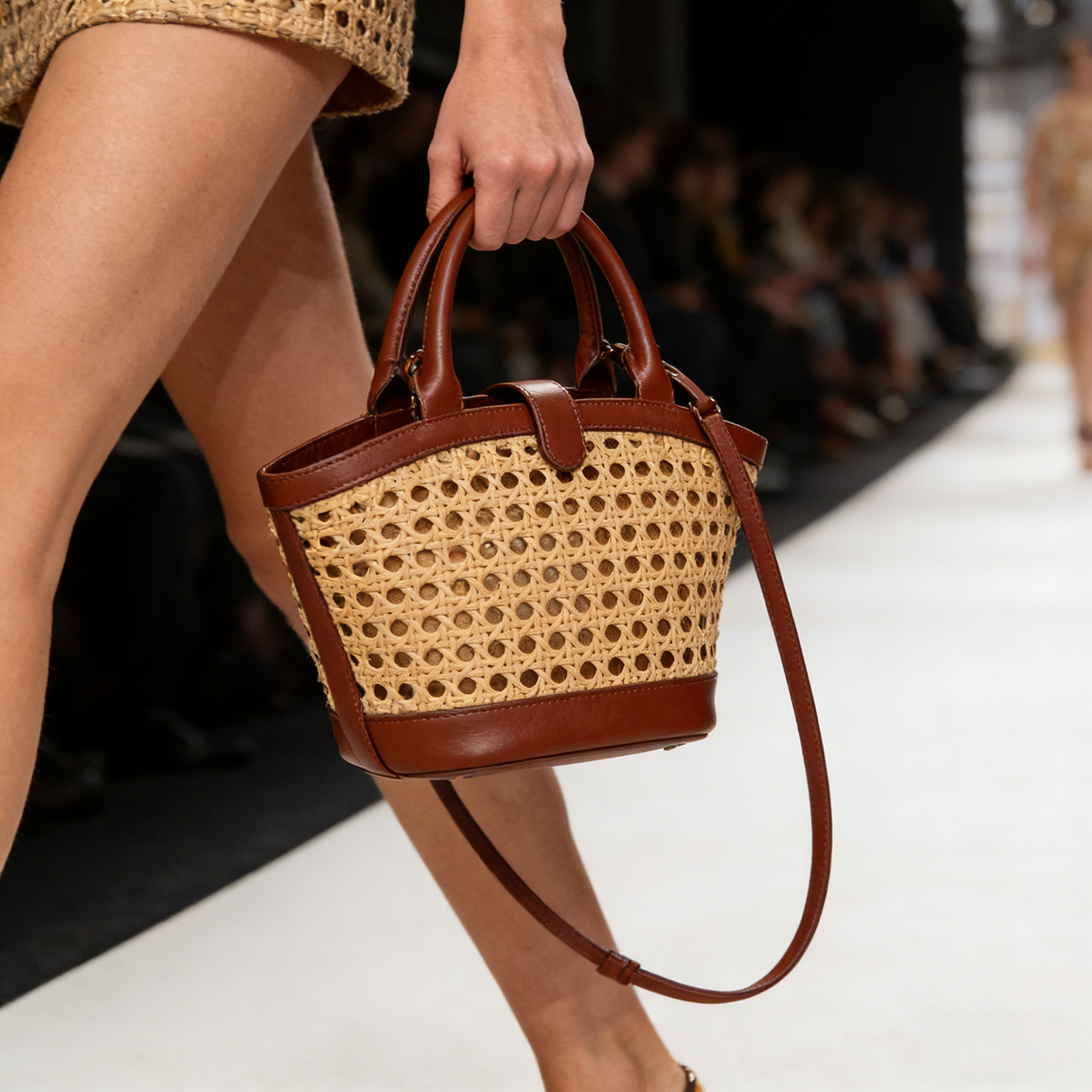 Hollow Woven Rattan Bucket Bag, Glossy Chestnut Leather Trim Dual Top Handles Detachable Adjustable Crossbody Strap Magnetic Snap Mini Tote