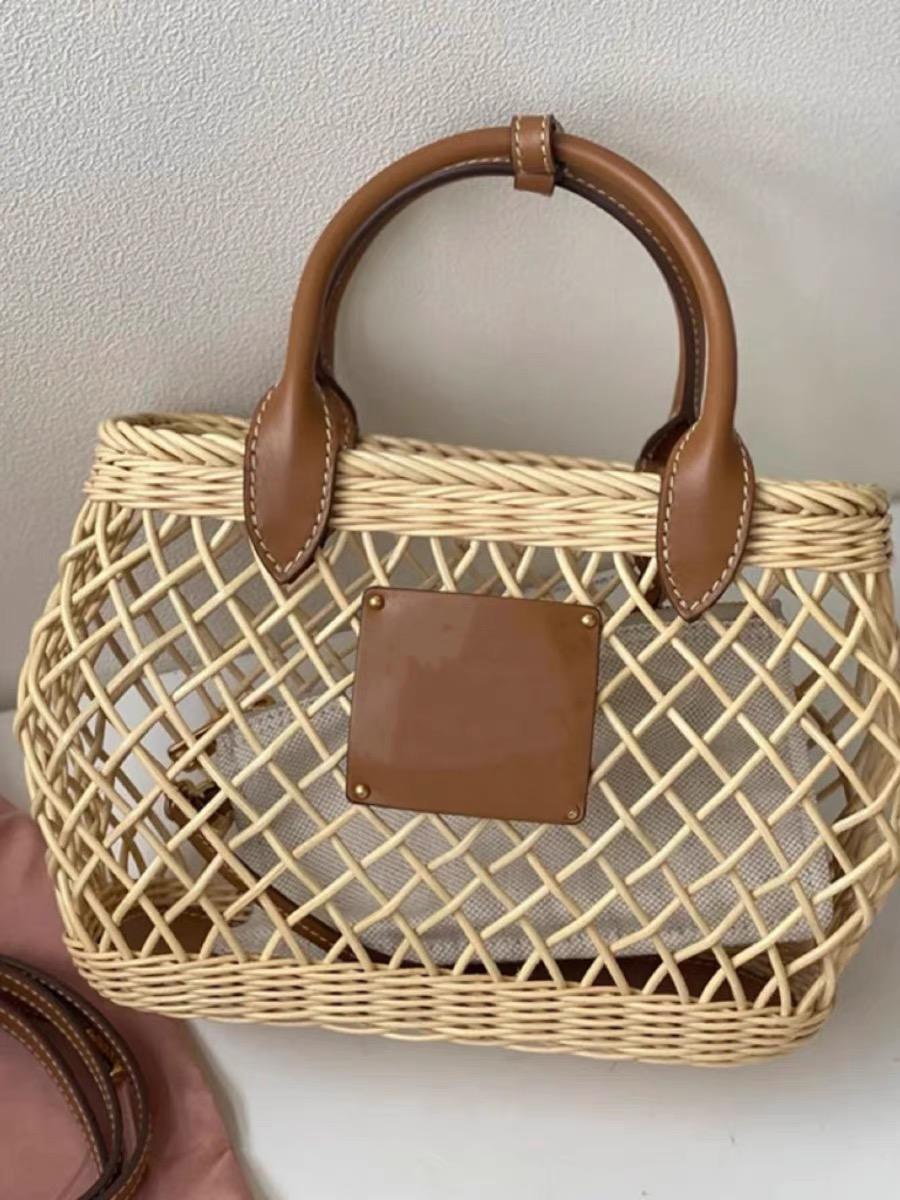 Natural Pale Beige Diamond Grid Hollow Rattan Handbag, Warm Tan Leather Double Top Handles Detachable Long Crossbody Strap Square Woven Basket Tote