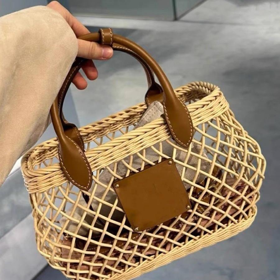 Natural Pale Beige Diamond Grid Hollow Rattan Handbag, Warm Tan Leather Double Top Handles Detachable Long Crossbody Strap Square Woven Basket Tote