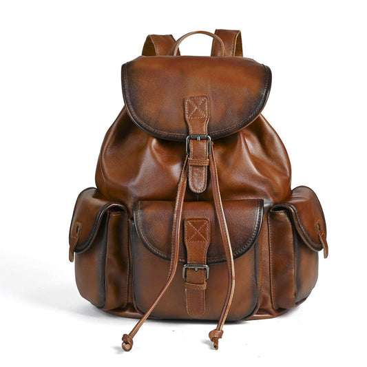 Distressed Gradient Tan Drawstring Flap Leather Backpack