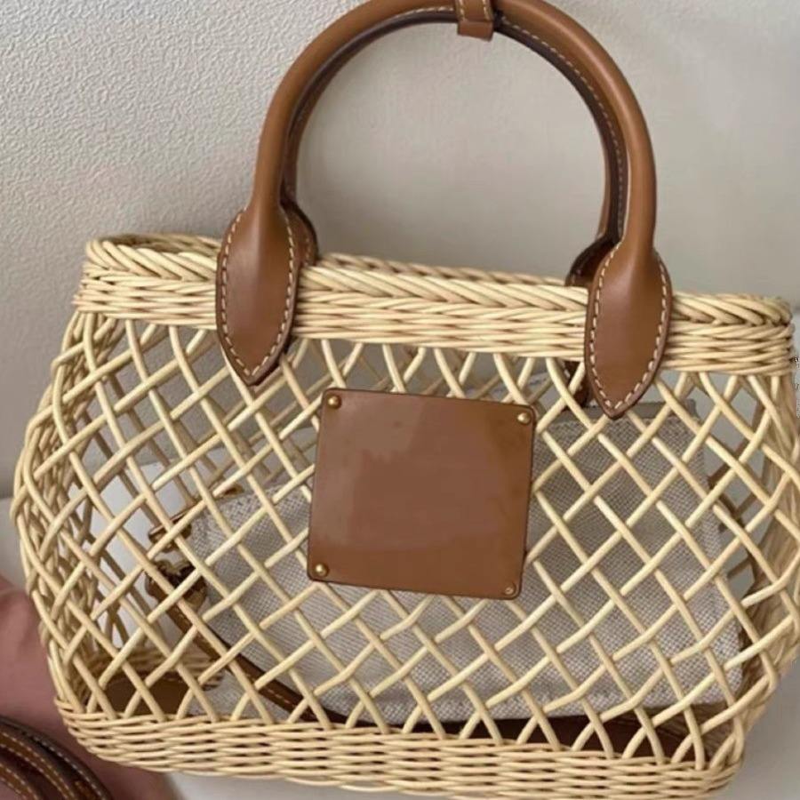 Natural Pale Beige Diamond Grid Hollow Rattan Handbag, Warm Tan Leather Double Top Handles Detachable Long Crossbody Strap Square Woven Basket Tote