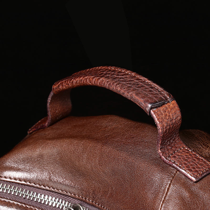 Vintage Dark Coffee Full-Zip Leather Backpack, Croc Embossed Leather Top Grab Handle Adjustable Wide Shoulder Straps Unisex Round Daypack