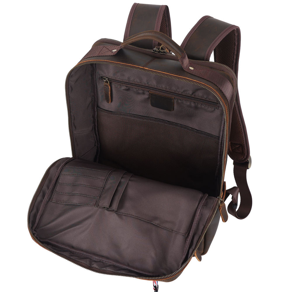Vintage Dark Brown Leather Backpack, Multi Zip Pocket Soft Leather Top Handle Air Cushion Shoulder Straps Daypack