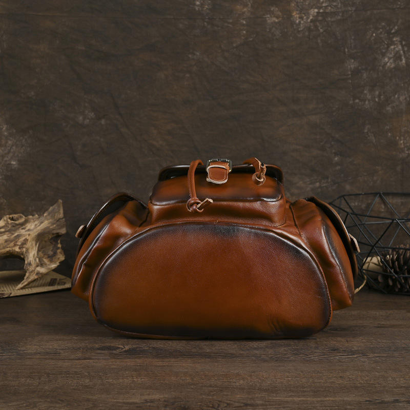 Distressed Gradient Tan Drawstring Flap Leather Backpack