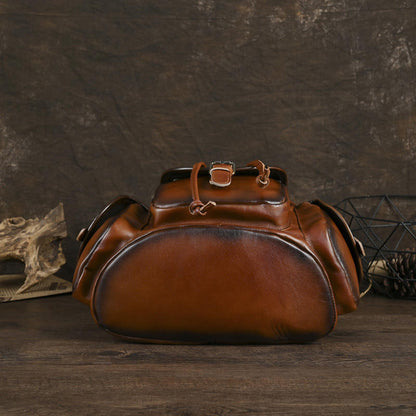 Distressed Gradient Tan Drawstring Flap Leather Backpack