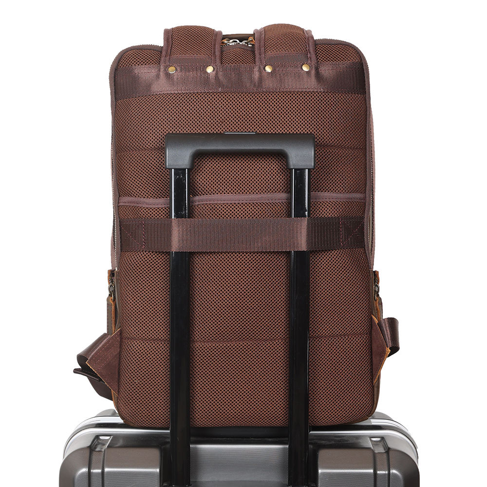 Vintage Dark Brown Leather Backpack, Multi Zip Pocket Soft Leather Top Handle Air Cushion Shoulder Straps Daypack