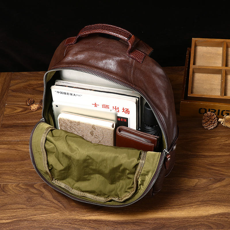 Vintage Dark Coffee Full-Zip Leather Backpack, Croc Embossed Leather Top Grab Handle Adjustable Wide Shoulder Straps Unisex Round Daypack
