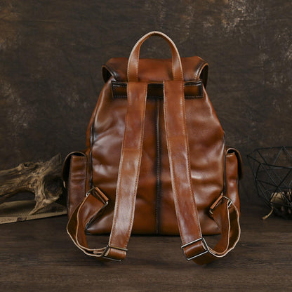 Distressed Gradient Tan Drawstring Flap Leather Backpack