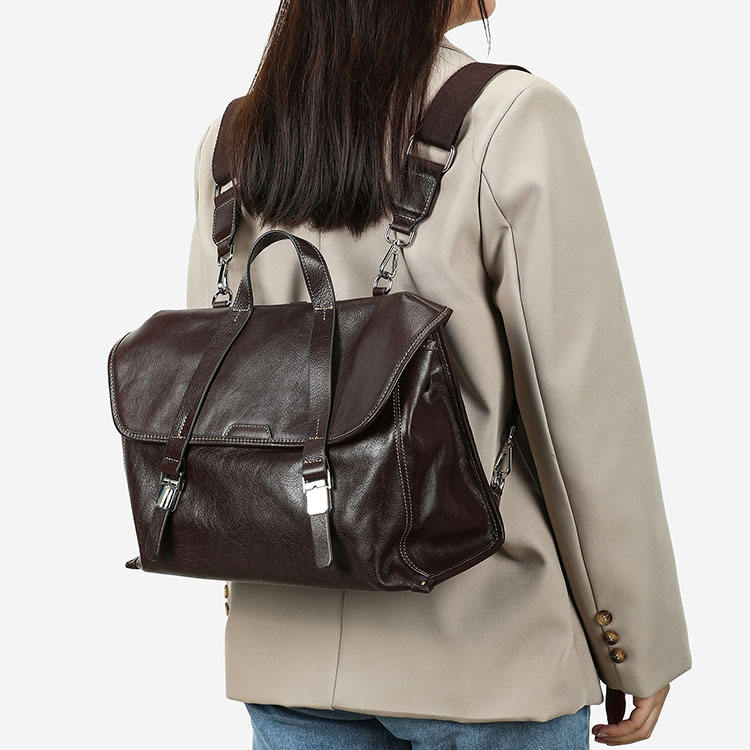 Multi-Tone Vintage Coffee Flip Cover Leather Backpack, Detachable Wide Fabric Shoulder Straps Buckle Button Satchel Rucksack