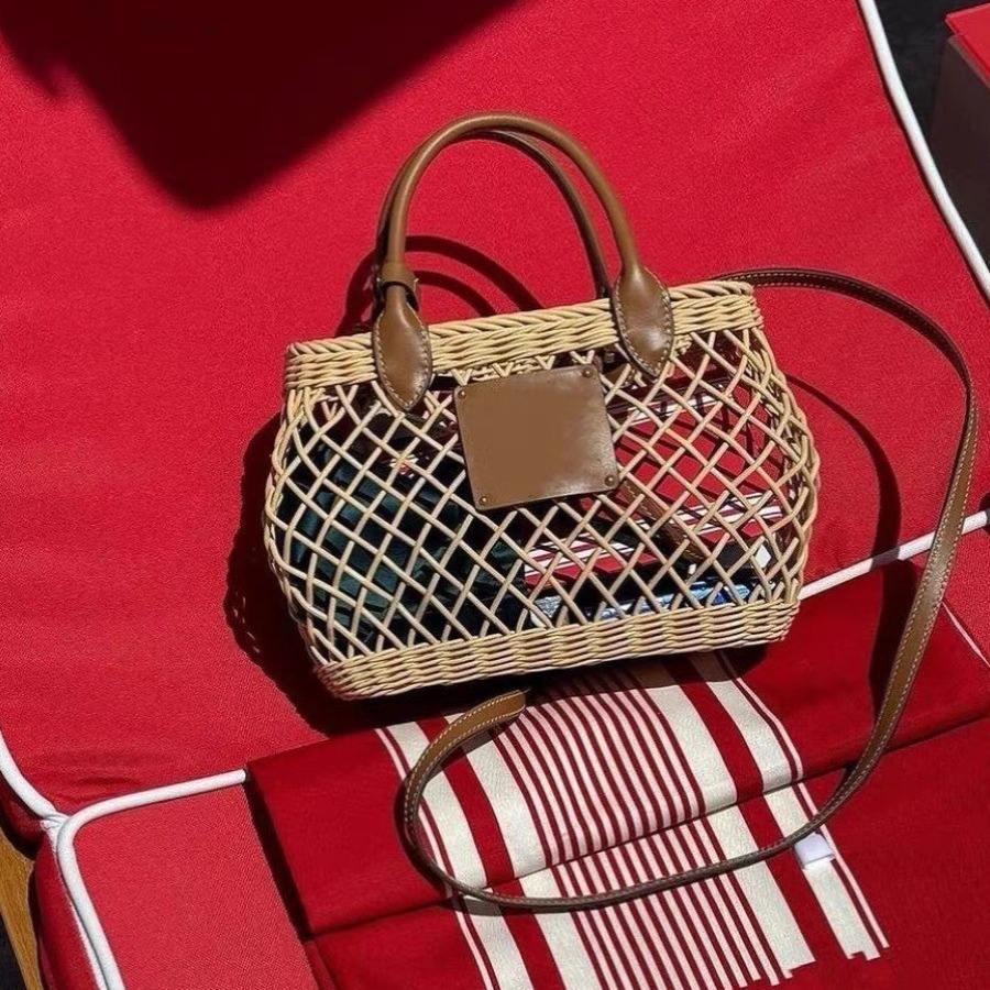 Natural Pale Beige Diamond Grid Hollow Rattan Handbag, Warm Tan Leather Double Top Handles Detachable Long Crossbody Strap Square Woven Basket Tote