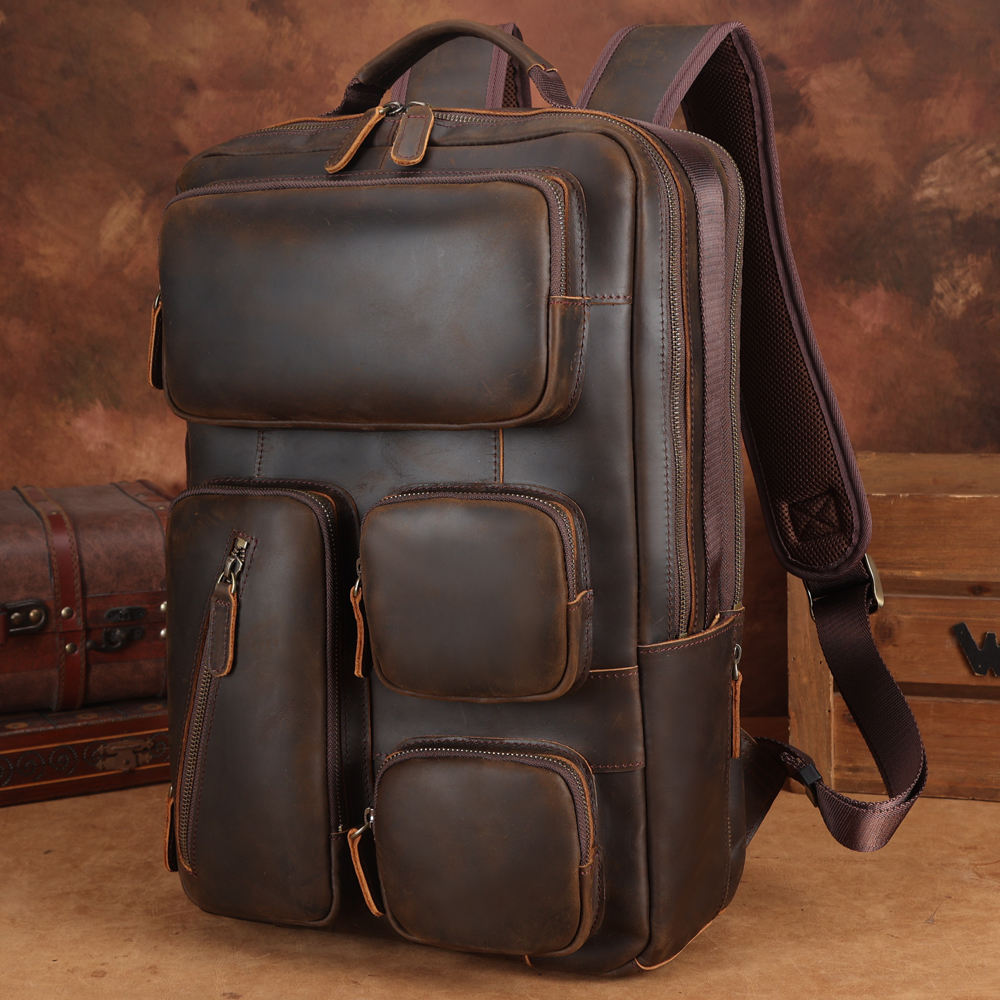 Vintage Dark Brown Leather Backpack, Multi Zip Pocket Soft Leather Top Handle Air Cushion Shoulder Straps Daypack