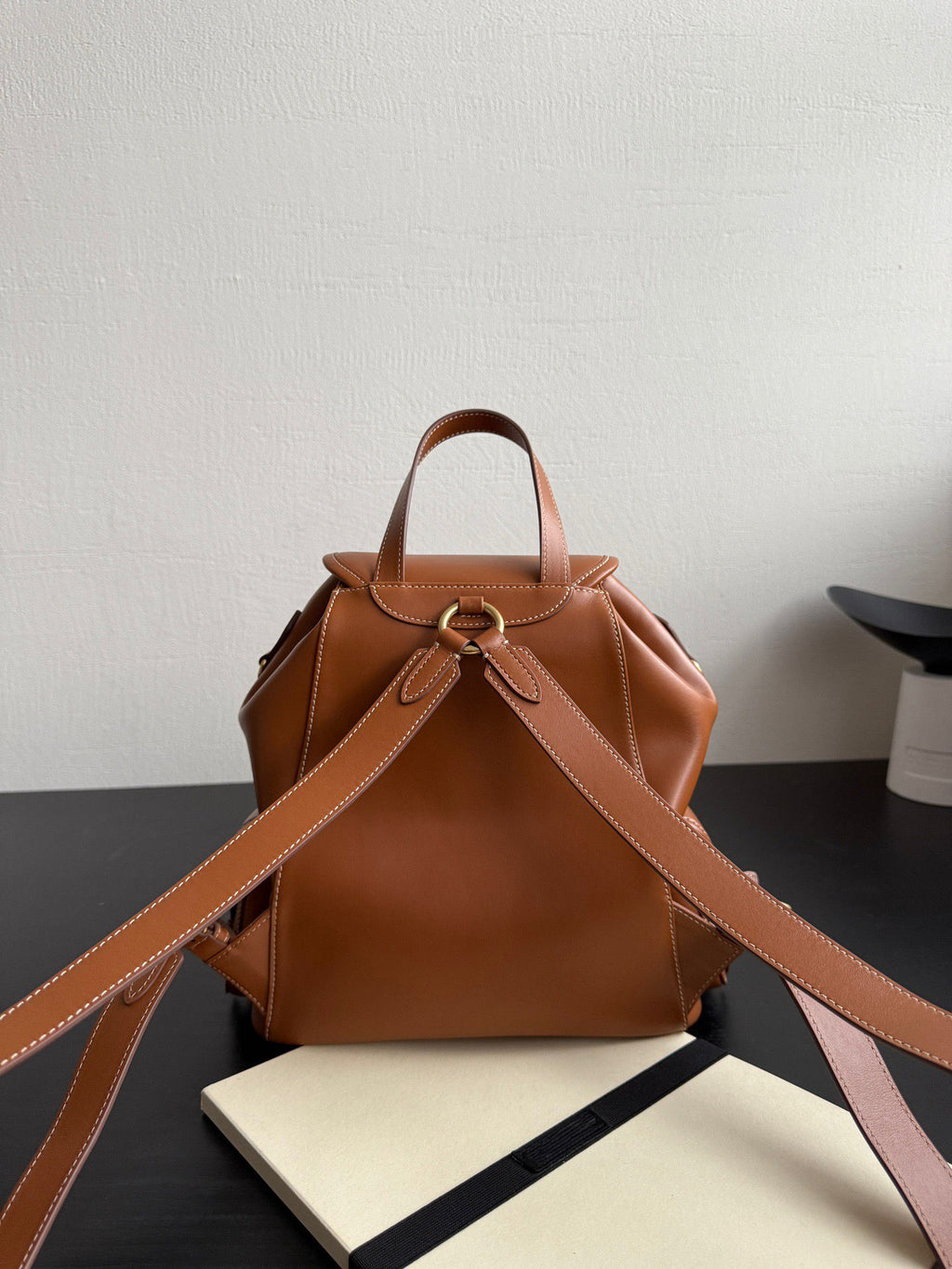 Warm Caramel Drawstring Leather Backpack, Matching Leather Top Handle Adjustable Wide Shoulder Straps Gold Ring Hardware Mini Daypack, Soft Bucket Silhouette Matching Minimal Daily & Vacation Outfits