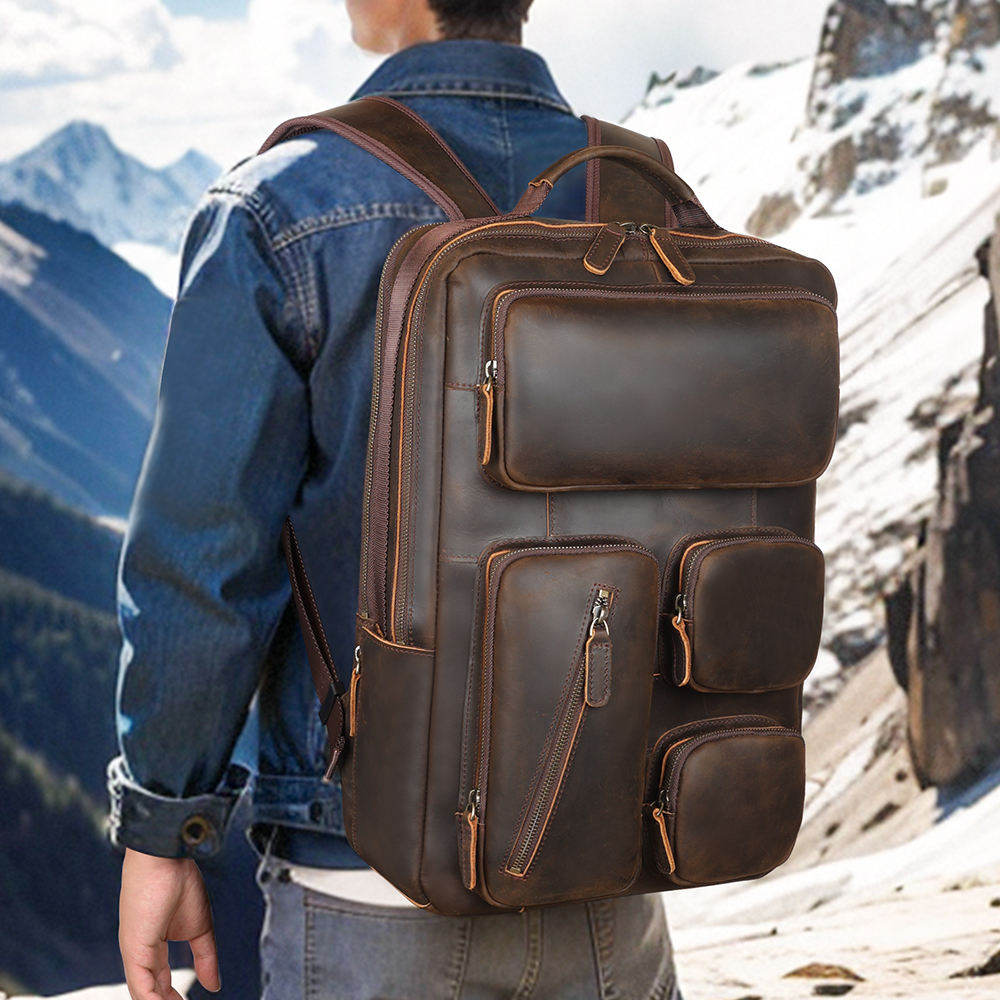 Vintage Dark Brown Leather Backpack, Multi Zip Pocket Soft Leather Top Handle Air Cushion Shoulder Straps Daypack