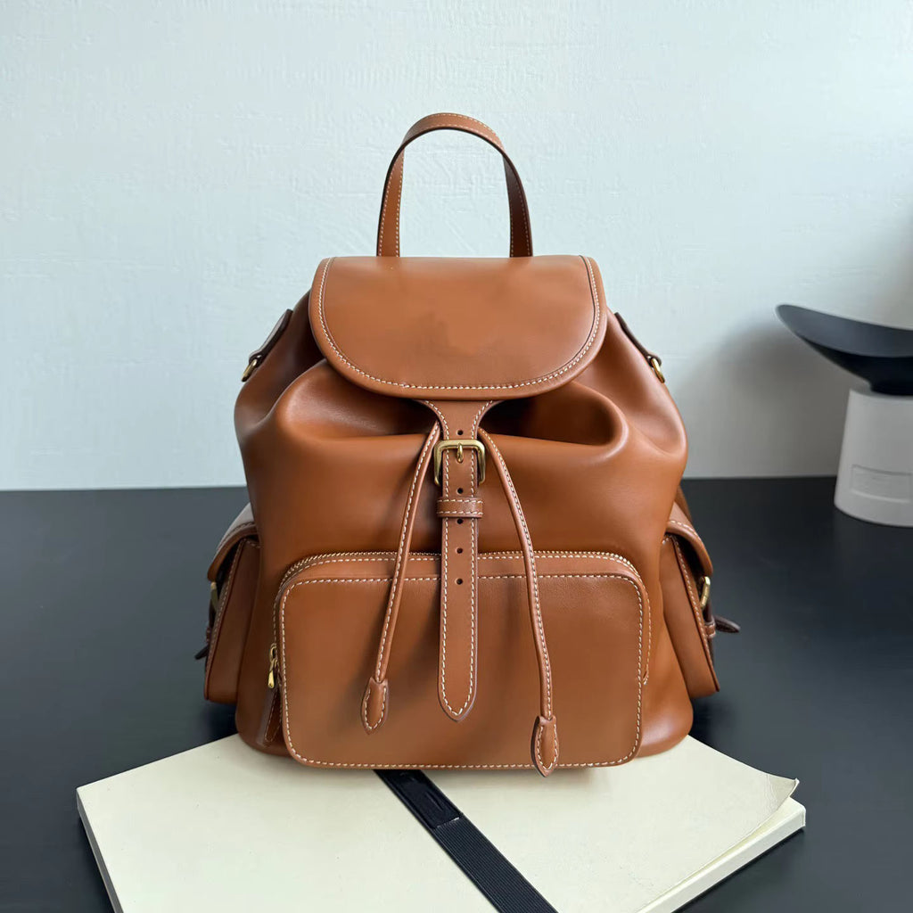 Warm Caramel Drawstring Leather Backpack, Matching Leather Top Handle Adjustable Wide Shoulder Straps Gold Ring Hardware Mini Daypack, Soft Bucket Silhouette Matching Minimal Daily & Vacation Outfits