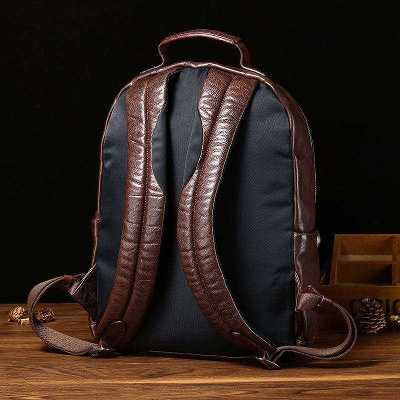 Vintage Dark Coffee Full-Zip Leather Backpack, Croc Embossed Leather Top Grab Handle Adjustable Wide Shoulder Straps Unisex Round Daypack