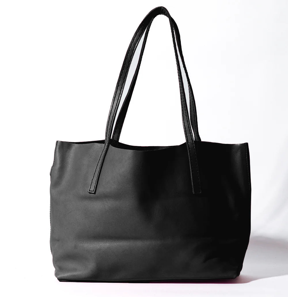 Velvet Style Open Top Leather Tote Bag, Twin Long Leather Shoulder Straps Matching Zip Mini Pouch