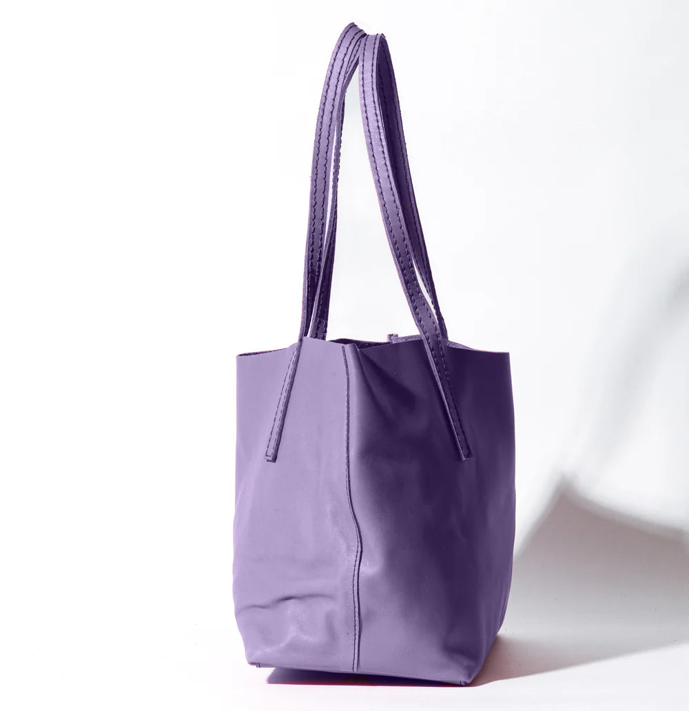 Velvet Style Open Top Leather Tote Bag, Twin Long Leather Shoulder Straps Matching Zip Mini Pouch