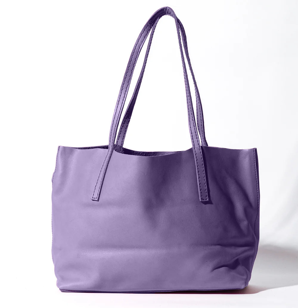 Velvet Style Open Top Leather Tote Bag, Twin Long Leather Shoulder Straps Matching Zip Mini Pouch