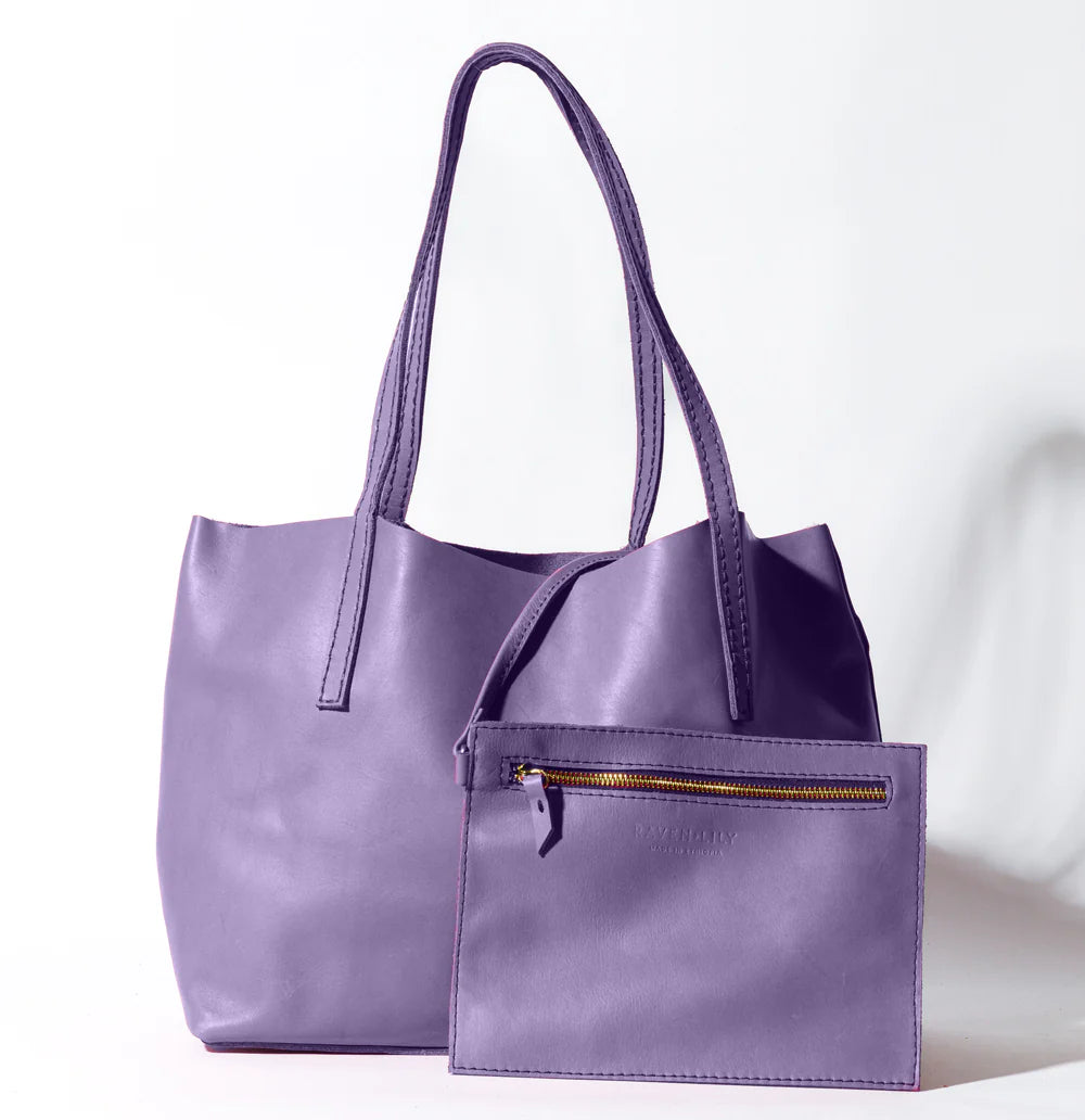 Velvet Style Open Top Leather Tote Bag, Twin Long Leather Shoulder Straps Matching Zip Mini Pouch