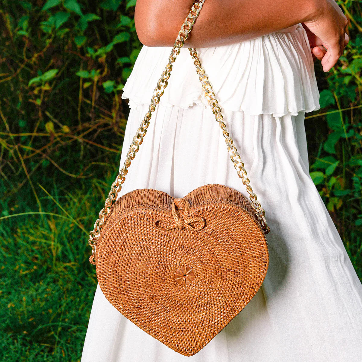 Warm Natural Brown Heart Shaped Rattan Crossbody Bag