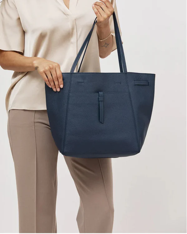 Deep Navy Velvet Style Drawstring Leather Tote Bag