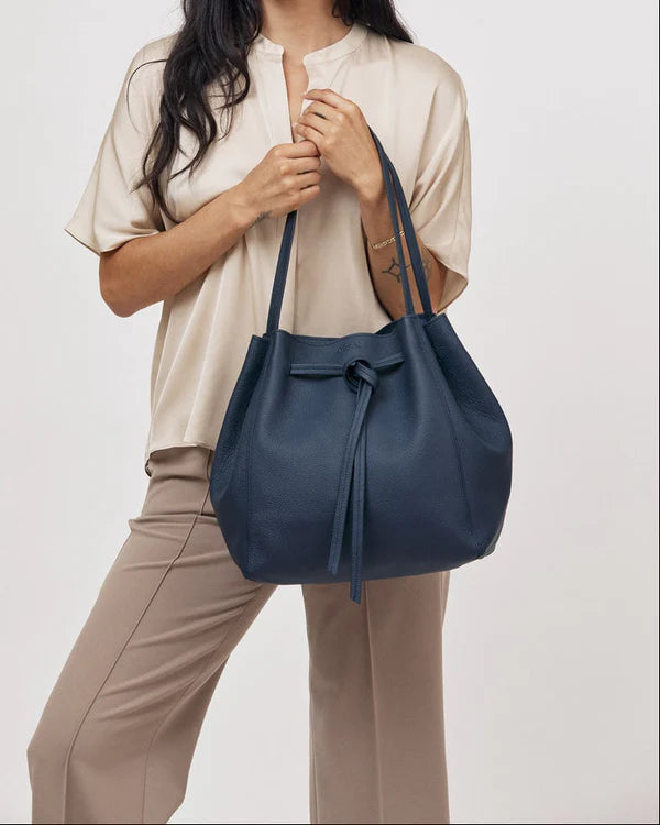 Deep Navy Velvet Style Drawstring Leather Tote Bag
