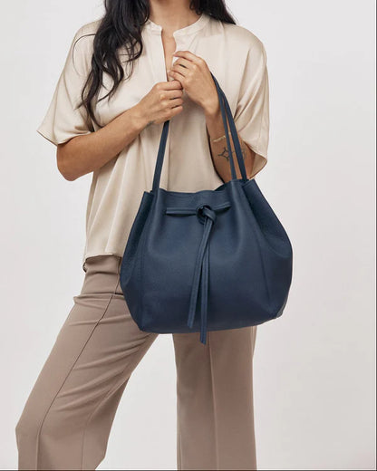 Deep Navy Velvet Style Drawstring Leather Tote Bag