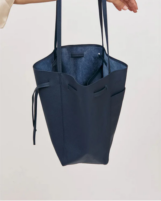 Deep Navy Velvet Style Drawstring Leather Tote Bag