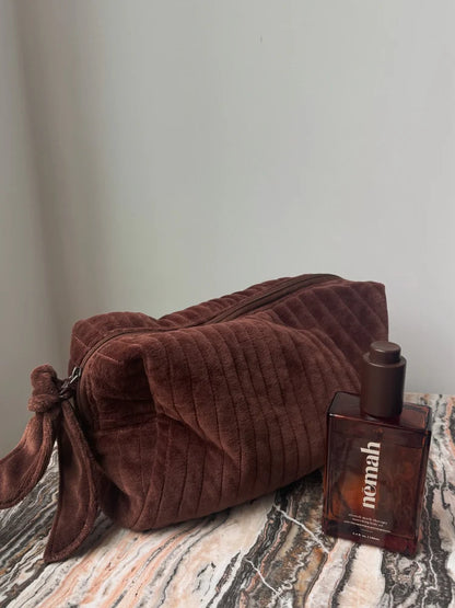 Chocolate Brown Striped Velvet Beauty Bag