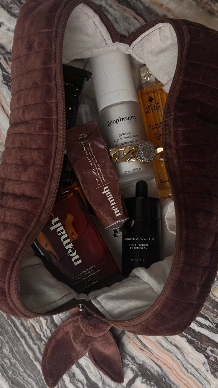 Chocolate Brown Striped Velvet Beauty Bag