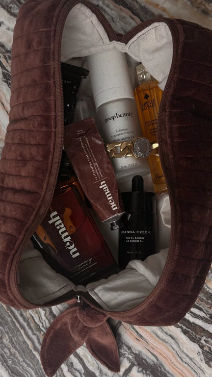 Chocolate Brown Striped Velvet Beauty Bag