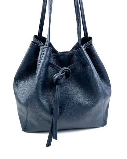 Deep Navy Velvet Style Drawstring Leather Tote Bag