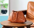Warm Caramel Hand Woven Underarm Bag, All-Matching Braided Leather Single Shoulder Handle Open Top Trapezoid Armpit Tote, Soft Wide Weave Daily Handbag Matching Retro Linen & Minimal Casual Outfits